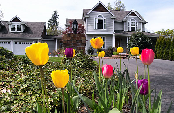 spring flowers bloom outside a freshly painted house